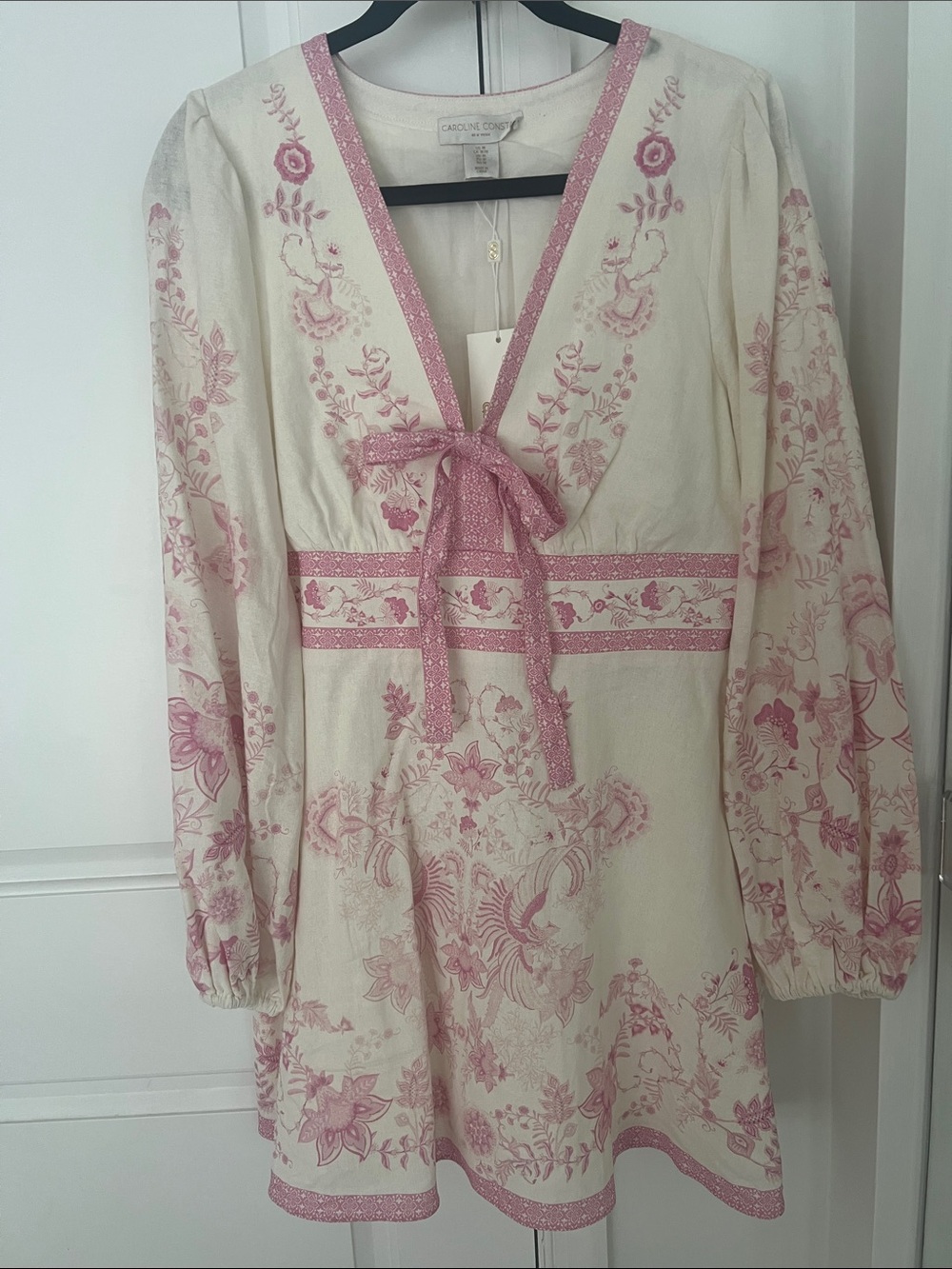 Caroline Constas linen rayon cotton Cream and Pink Floral Tie-Front Tunic NWT